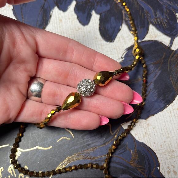 Estate Y2K Brown Faceted AB and Rhinestone Beaded Double Layer Drop Necklace D2 - Picture 9 of 14